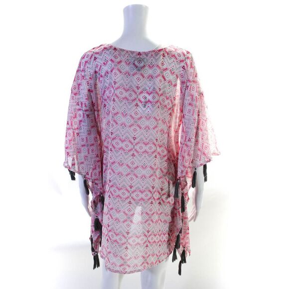 Letarte Handmade Women's Abstract Print Tassel Trim Swimwear Coverup Pink Size X - Picture 3 of 5